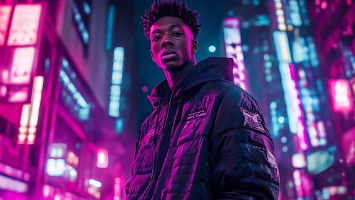 Neon-lit urban portrait with intense magenta cyan contrast.