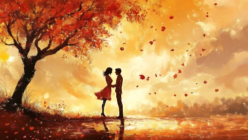Couple Standing Under Autumn Tree at Sunset