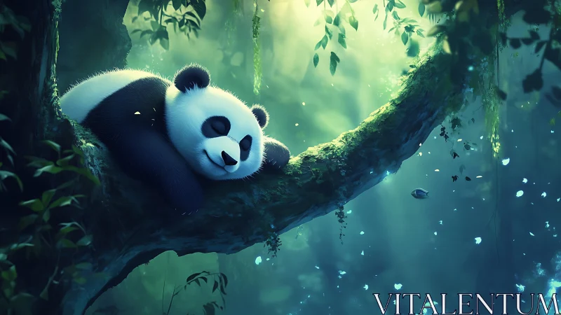 Giant panda resting on a mossy tree branch in forest light.