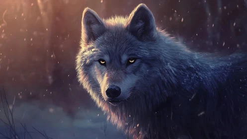 Gentle winter wolf bathed in soft twilight forest glow.