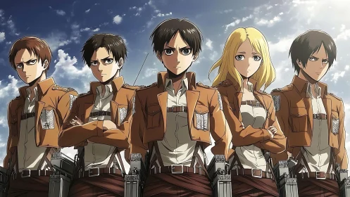 Determined anime squad stands united beneath bright skies.