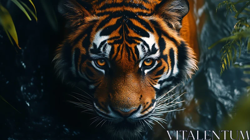 Golden-eyed tiger steps from the shadows with calm power