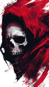 Grim reaper skull portrait in red hood, dynamic brush strokes
