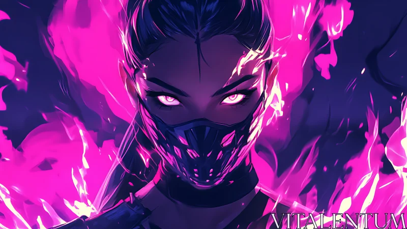 Neon-flame masked warrior staring through ultraviolet inferno.
