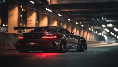 Low-angle rear view shows modified coupe in illuminated tunnel