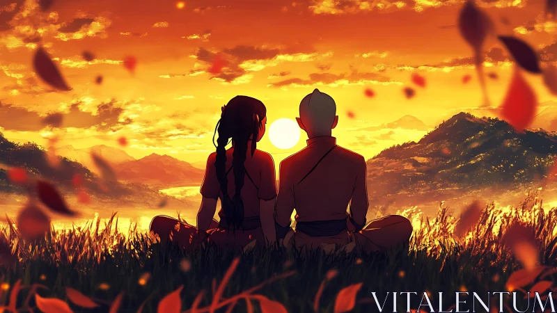 Dual-figure sunset meditation in stylized atmospheric valley.