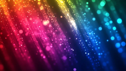 Rainbow light trails cascade through glowing particle field.