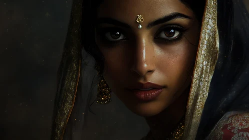 Regal close-up portrait with jeweled veil and dramatic light.