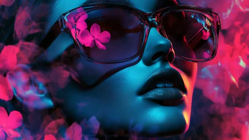 Neon drenched portrait merges glossy sunglasses and petals