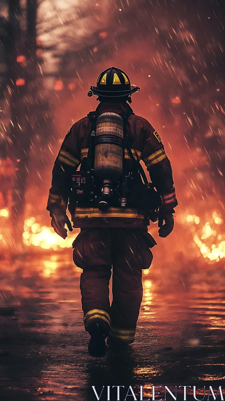 Firefighter Advances Through Inferno. Silhouetted Hero.