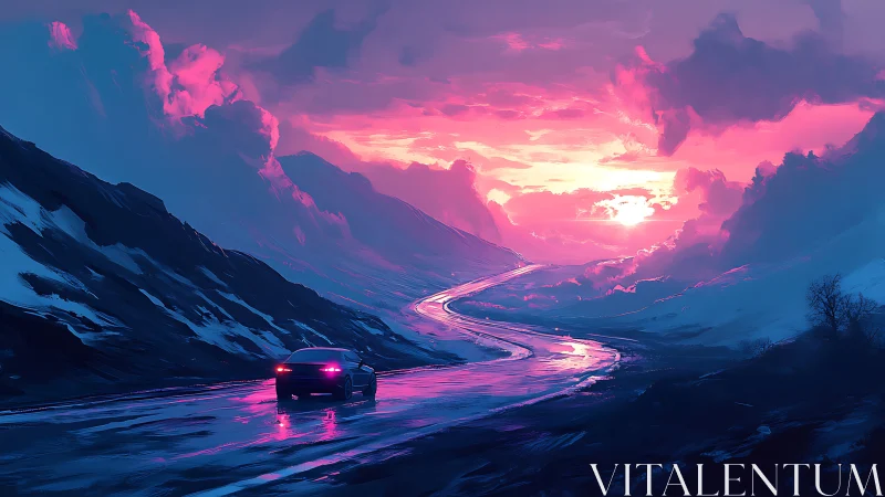 Neon-lit coupe on reflective alpine highway at magenta dusk.