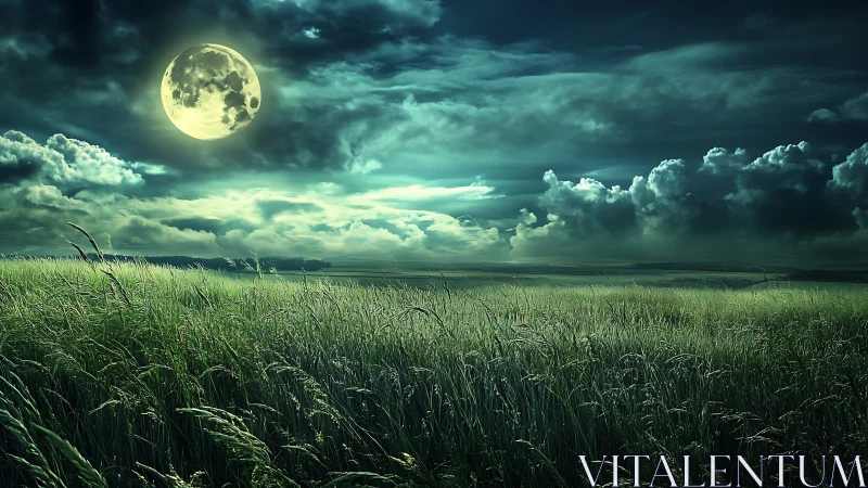 Full moon over windblown grassland beneath dense clouds.