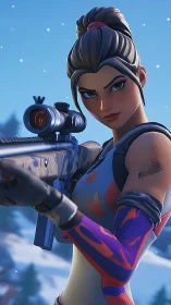 Winter sniper heroine locks on target in frosted silence.