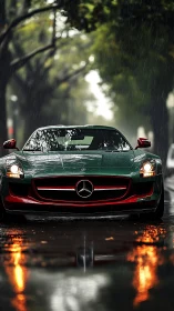 Green Mercedes sports car parked on wet city street in rain.