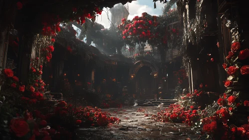 Enchanted rose-filled ruins glowing with quiet romance.