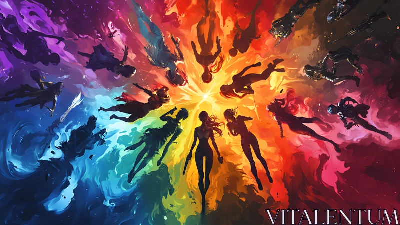 Silhouetted heroes converge within swirling chromatic vortex.