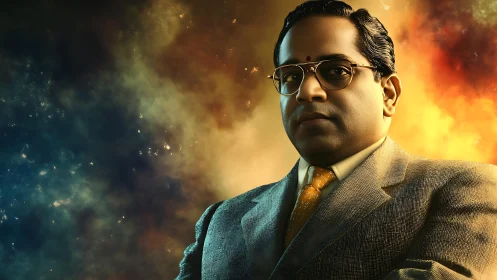 Formal male portrait with nebular bokeh and warm edge lighting