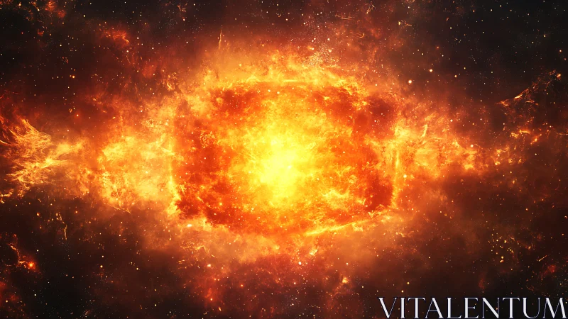 Stellar explosion core burns through dense cosmic nebula.