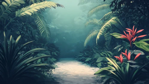 Luminescent Jungle Passage with Stratified Vegetation Layers.