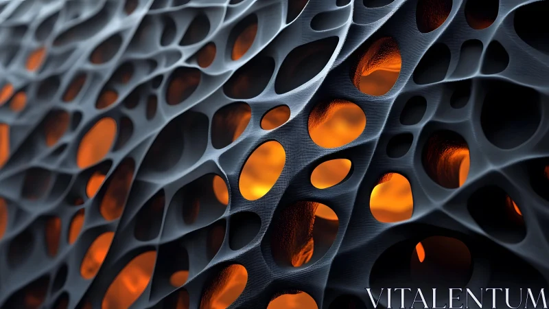 Abstract organic mesh structure with glowing orange lights.