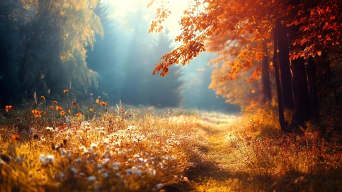 Luminous Autumn Forest Clearing with Golden Hour Atmospheric Rays