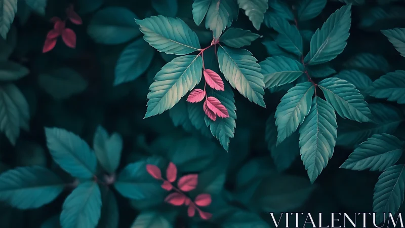 Emerald foliage cradles whimsical pink leaves in twilight hush.