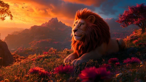 Majestic lion rests beneath a blazing fantasy sunset sky