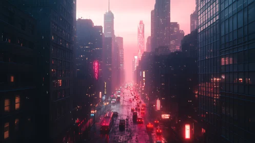 Neon-lit urban avenue with high-rise buildings in rainfall.
