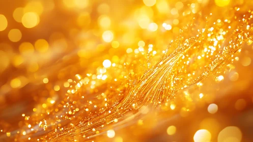 Abstract golden glitter wave with glowing bokeh lights in motion.