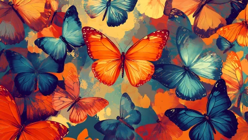 Chromatic vector swarm of orange and cyan butterflies in motion.