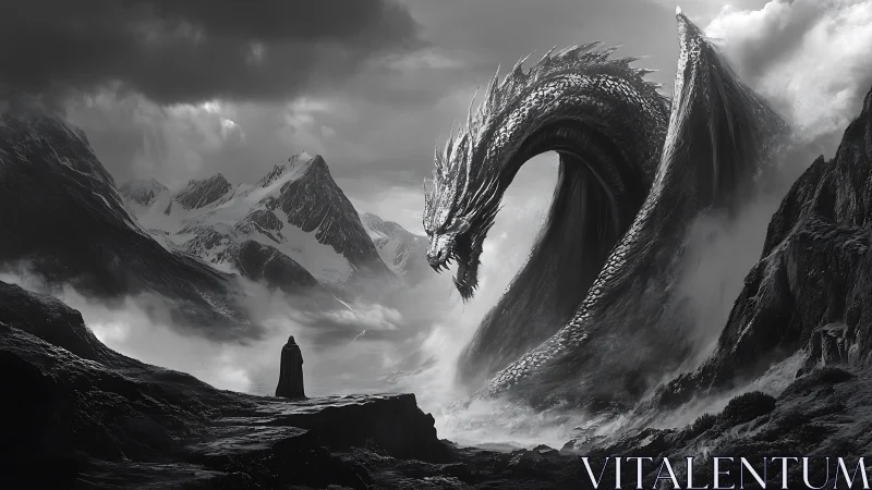 Lone wanderer meets a colossal dragon in misty mountains.