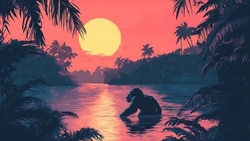 Solitary gorilla silhouettes against neon tropical sunset