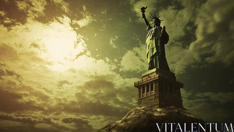 Statue of Liberty silhouette under dense cloudy sky.