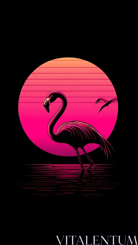 Neon flamingo silhouette stands before stylized gradient sun