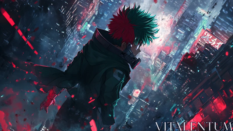 Neon-haired vigilante stalks rain-soaked cyberpunk cityscape.