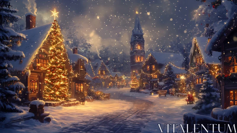 Snowlit Christmas lane wrapped in golden village glow.