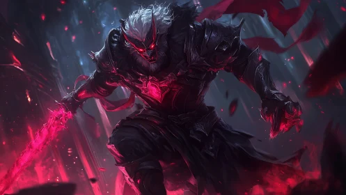 Armored dark knight channels crimson energy through cursed blade