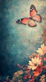 Butterfly drifts upward while twilight flowers quietly blaze