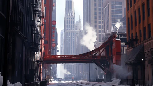 Sunlit city bridge glowing warmly in a quiet winter street.