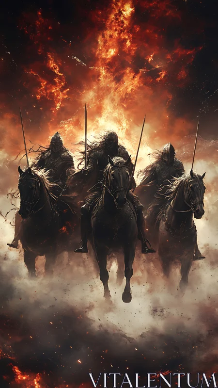 Armored dark riders charging through infernal firestorm.
