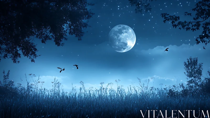 Luminous full moon above silhouetted meadow with layered nocturnal haze