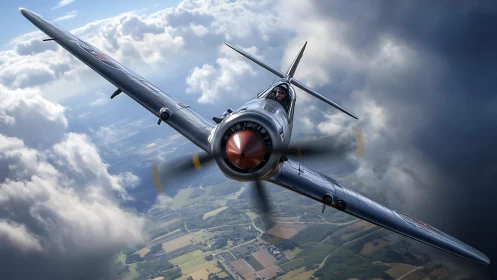 Vintage fighter plane cuts through dramatic storm clouds