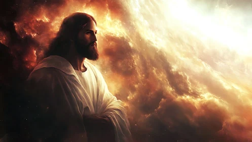 Radiant robed figure gazes into luminous celestial glory.