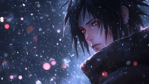 Anime portrait in snow with luminous red-eyed focal point.