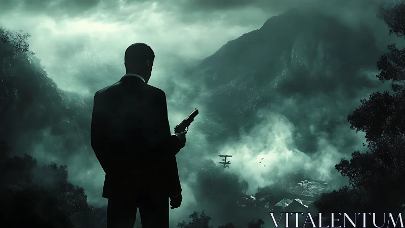 Silent watcher in misty mountains with secret mission.