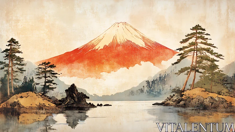 Gentle red mountain above a quiet lakeside pine refuge.