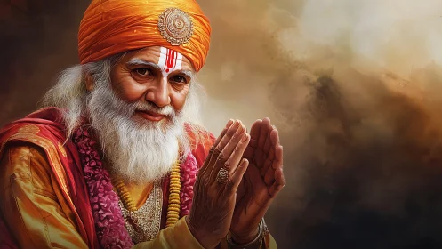 Elderly spiritual guru in orange robes offering gentle blessing.