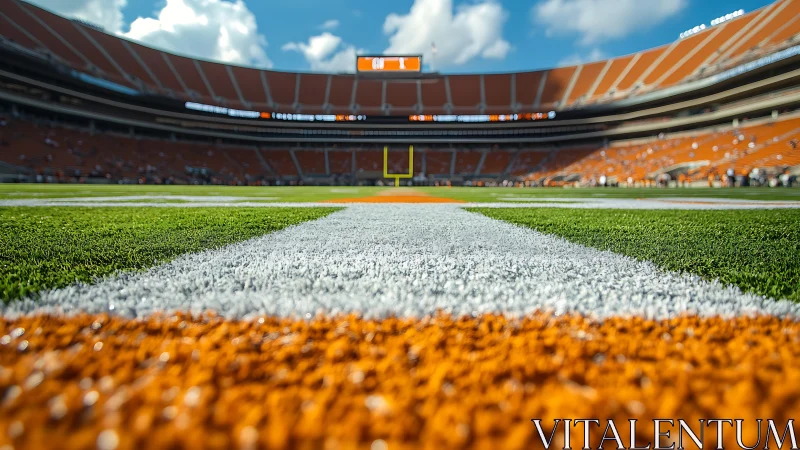 Football stadium field level view with goalpost centered.