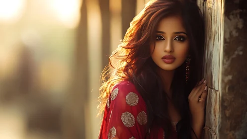 Sunlit portrait of woman in red saree exuding quiet grace
