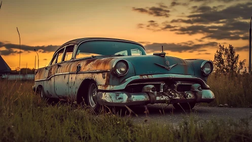Golden hour rests on a weathered classic car in tall grass